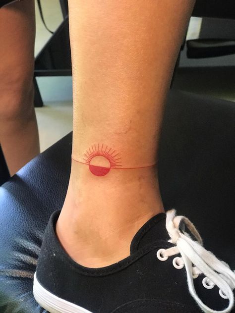 Sunset Tattoo Minimalist Colored, Red Sunset Tattoo, Small Sunset Tattoo Color, Sunset Minimal Tattoo, Red Circle Tattoo, Small Red Sun Tattoo, Red Sun Rays Tattoo, Red Ink Sun Tattoo, Red Sun Tattoo