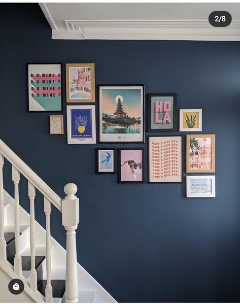 Light Blue Staircase Wall, Hallway Blue Walls, Blue Entrance Hall, Navy Hallway Ideas, Blue Hallway Ideas, Navy Hallway, Colourful Hallway, Slate Blue Paint, Deep Blue Paint