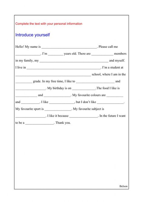 Introduce yourself - Interactive worksheet How To Introduce Yourself In School, Introduce Yourself Ideas, Introduce Yourself Template, Direct And Indirect Speech, Indirect Speech, Grammar English, Future Teacher, Application Letters, Introduce Yourself