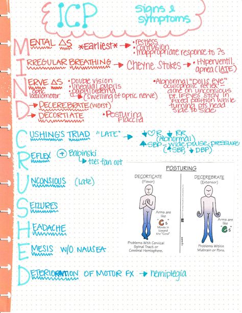 Icp Nursing Notes, Neuro Nursing Notes, Icp Nursing, Nursing Notes Organization, Neuro Nursing, Nurse Notes, Paramedic School, Nursing Board, Med Surg Nursing