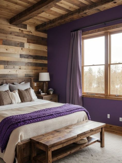 Bold and Beautiful Purple Bedroom Designs Embrace a modern rustic look with a purple and natural wood bedroom Incorporate popular items like a wooden feature wall, farmhouse-inspired furniture, and cozy knit throws for an inviting and harmonious space. #PurpleIdeas #PurpleDesign Purple And Wood Bedroom, Purple Rustic Bedroom, Brown And Purple Room, Purple Bedroom Accent Wall, Purple Guest Room, Purple Farmhouse, Purple And Tan Bedroom, Purple Adult Bedroom, Purple Master Bedrooms Decor