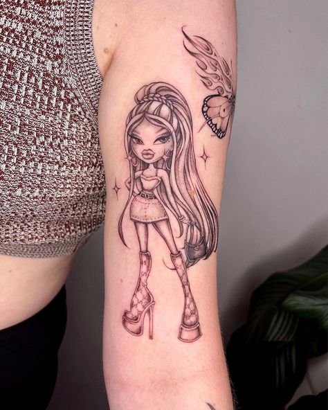 Sasha Bratz Tattoo, Brats Tattoos For Women, Brat Tattoos For Women, Bratz Doll Tattoo Ideas, Bratz Doll Tattoo, Georgia Tattoos, Brats Tattoo, Bratz Tattoo Design, Nostalgic Tattoos