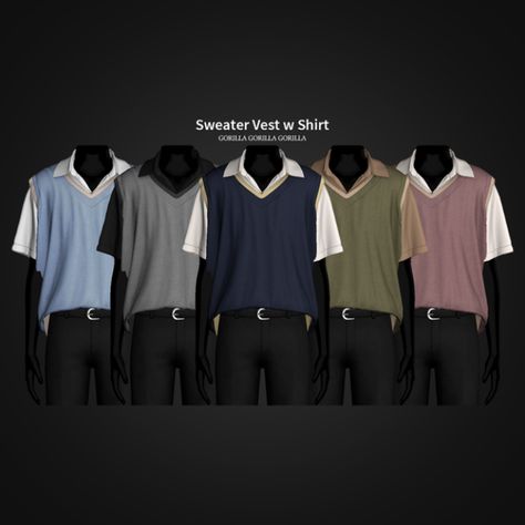 Male Sweater Vest with Shirt alpha cc for the sims 4, originally made by Gorilla Gorilla Gorilla (on patreon). Cc Men, Cc The Sims 4, Sims 4 Men Clothing, Gorilla Gorilla, Sims 4 Male Clothes, Sims 4 Cheats, Alpha Cc, Male Sweaters, Sims 4 Tsr