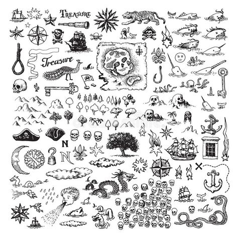 Pirate map elements stock illustration Pirate Map Tattoo, Fantasy Map Drawing, Map Drawing Ideas, Fantasy Map Drawing Ideas, Map Elements, Pirate Illustration, Pirate Map, Map Sketch, Map Drawing