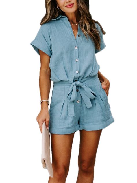 PRICES MAY VARY. Women one piece rompers feature a basic collar, short sleeves and cuffed hem.Cute rompers for women summer. Summer romper for women. Womens rompers with button down front design and pockets providing you an elegant looking. Summer rompers for women casual are made of 100% cotton fabric. Lightweight, soft and comfy. Rompers for women casual. One piece rompers for women. Rompers for women dressy. Casual playsuits rompers with removable self-tie belt at waist. Relaxed loose fitting How To Wear A Blanket Scarf, Solid Color Jumpsuits, Womens Summer Shorts, Casual Tunics, Short Sleeve Jumpsuits, Scarf Top, Short Sleeve Romper, Belted Shorts, Playsuit Romper