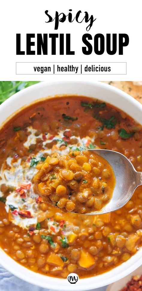 Filled with plant-based protein and laced with bold flavors and creamy coconut milk, this spicy lentil soup is deliciously thick, comforting and full of nutrients. #souprecipes #lentilrecipes #lentilsoups #veganrecipes Spicy Soup Recipes, Green Lentil Soup, Spicy Lentil Soup, Lentil Chili, Vegan Lentil Soup, Spicy Soup, Soup Vegan, Lentil Soup Recipes, Vegan Soups