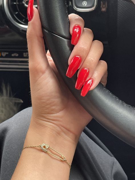 Orange red coffin nails Coffin Shape Red Nails, Red Acrylic Nails Straight, Red Coffin Tip Nails, Long Acrylic Nails 2023, Orange Ballerina Nails, Red Nails Coffin Shape, Plain Red Nails Acrylic, Bright Red Acrylic Nails, Red Hot Nails