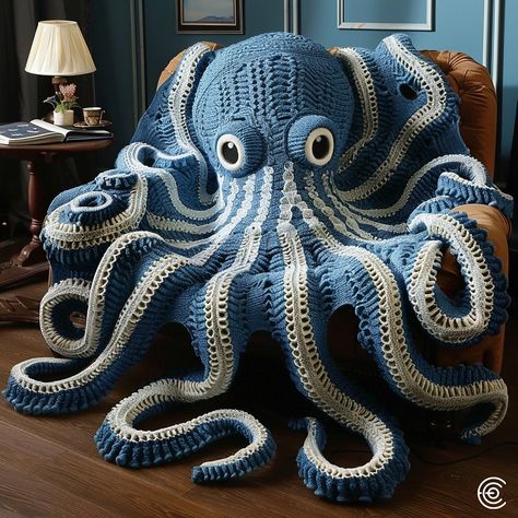 Introducing the Octopus-Inspired Knitted Couch Blanket, a cozy and whimsical addition to your home. Crafted from ultra-soft yarn, this blanket features intricate, tentacle-like extensions that mimic the elegance of an octopus. Perfect for chilly evenings, it offers both warmth and a touch of marine magic to your living space. Conceptual AI Art Follow @ecosapiens for more! Octopus Snuggie Crochet, Octopus Blanket Crochet Pattern Free, Large Crochet Octopus, Crochet Octopus Free Pattern Chunky Yarn, Octopus Knitting Pattern Free, Crochet Octopus Blanket, Knitted Octopus Pattern Free, Large Crochet Octopus Free Pattern, Giant Octopus Crochet Pattern Free