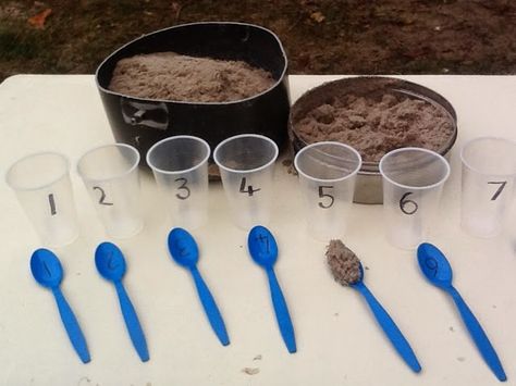 preschool math center ideas Outdoor Measuring Activities, Math Discovery For Preschool, Reggio Number Activities, Soil Preschool Activities, Capacity Eyfs Activities, Math Provocations Preschool, Preschool Maths Ideas, Maths Activities Eyfs Preschool, Outdoor Learning Eyfs