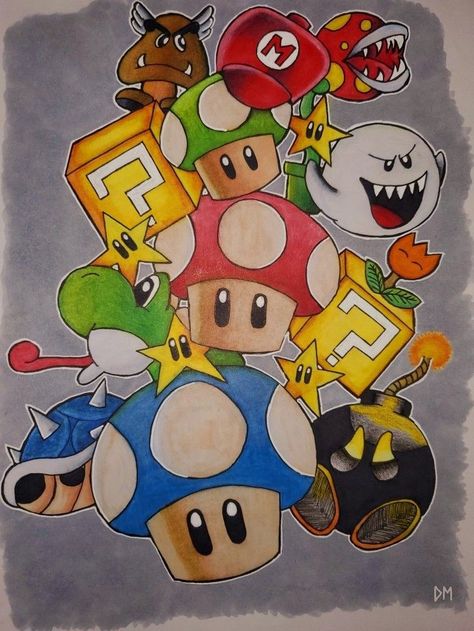 Mario Collage, Drawing Mario, Mario Wallpaper, Drawing Collage, Graffiti Doodles, Collage Drawing, Disney Art Drawings, Doodle Art Drawing, Super Mario Art