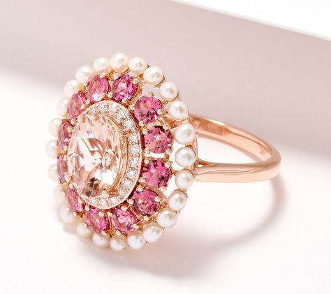 Let this pretty pink ring blossom on your finger. Colored gemstones surrounded by white diamonds and cultured freshwater pearls resemble a beautiful flower in bloom. From Effy Jewelry. Pink Rings, Colored Gemstones, Morganite Diamond, Tourmaline Jewelry, Wedding Rings Vintage, Bling Rings, Pearl Gemstone, Freshwater Cultured Pearls, Pink Ring