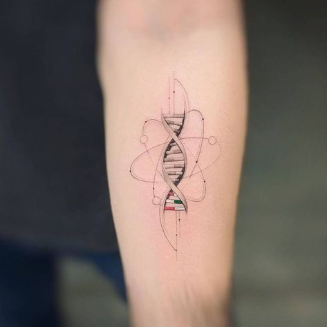 Fine Line Tattoo Chemistry, Tattoos For Scientists, Dna Music Tattoo, Biochemistry Tattoo, Science Tattoos Biology, Physics Tattoo Ideas, Biology Tattoo Ideas, Engineering Tattoo Ideas, Dna Tattoo Ideas