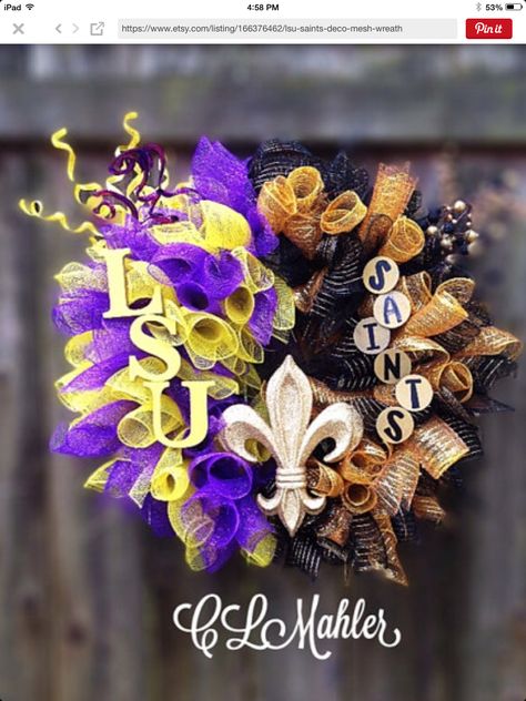 Saints LSU wreath Saints Wreaths, Saints Wreath, Momma Mia, Sports Wreath, Football Banquet, Burlap Monogram, Baby Shower Wreath, Burlap Pumpkins