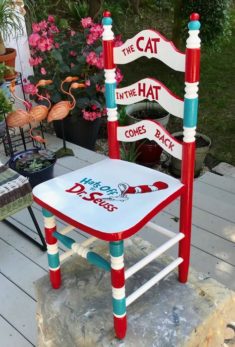 Dr Suess Furniture, Dr Seuss Chairs, Wooden Chair Makeover, Painted Chairs Diy, Dr Seuss Decorations, Painted Kids Chairs, Painted Furniture Cabinets, Teacher Chairs, Painted Rocking Chairs