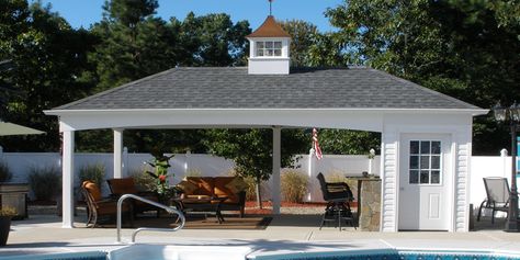 Pavilion With Bathroom, Small Pool Houses, Pool House Bathroom, Pool Pergola, Pool Pavilion, Pool Shed, Pool House Designs, Poolside Bar, Pool House Plans