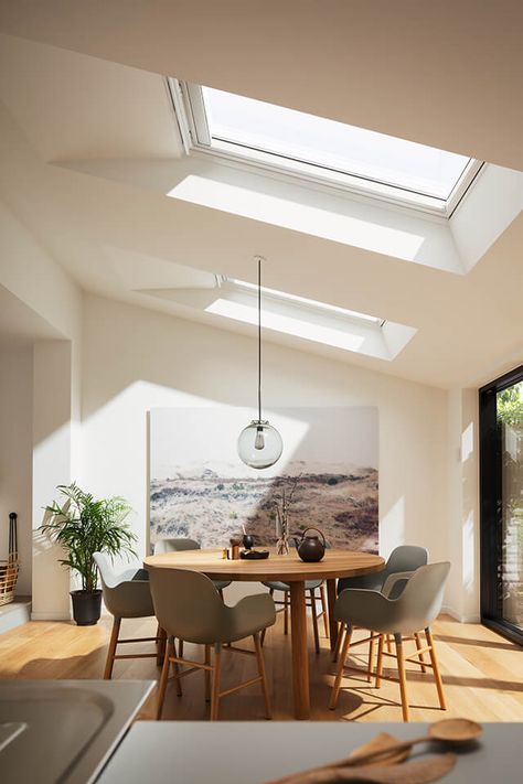 Velux Windows Kitchen, Pitched Roof Window, Kitchen Diner Extension, Skylight Kitchen, House Extension Plans, Open Plan Kitchen Dining Living, Roof Windows, Open Plan Kitchen Diner, Room Extensions