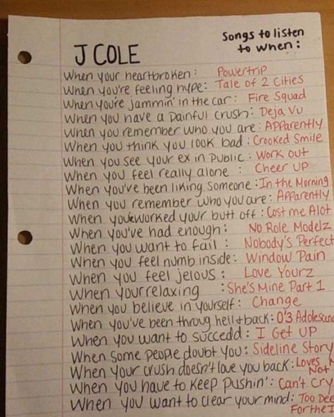 I found this on Facebook of all places, and needed to share it. J Cole Songs, Songs To Listen To When, Rap Music Playlist, Positive Songs, Summer Songs Playlist, Rap Playlist, Playlist Names Ideas, Therapy Playlist, Upbeat Songs