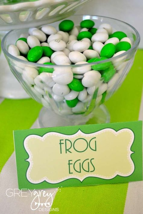 Princess Birthday Party Food, Frog Party Ideas, Princess Tiana Party, Princess Tiana Birthday Party, Tiana Birthday Party, Frog Eggs, Frog Baby Showers, Frog Birthday Party, Leap Year Birthday