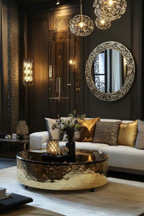 "Create a luxurious atmosphere with Glamorous Gold Accents! ✨💛 A great way to bring a touch of glamour and sophistication to your home. 🌿✨ #ChicLiving #GoldDetails #InteriorDecor" 80s Interior, Unique Floor Lamps, Gold Living Room, Beauty Room Design, Bathtub Drain, Design Principles, Living Room Decor Cozy, Luxury Homes Interior, Decor Home Living Room