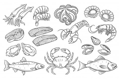 Drawing Food, Food Vector, Sea Life Art, Vector Food, Free Hand Drawing, Fish Logo, Isometric Design, Isometric Illustration, Art Gallery Wallpaper