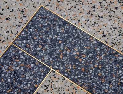 blue terrazzo flooring with brass inlay Terrazo Flooring, Blue Terrazzo, Terrazzo Floor, Terrazzo Floors, Modern Flooring, Terrazzo Tile, Brass Inlay, Material Selection, Marble Flooring