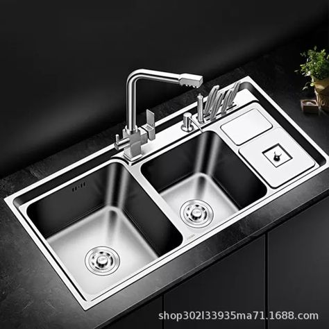 SUS304 Stainless Steel Kitchen Sink Double Bowl Thickness Sinks Kitchen Above Counter or Udermount Sinks Vegetable Washing Basin Kitchen Sink Decor Ideas, Above Kitchen Sink, Stainless Steel Double Bowl Kitchen Sink, Kitchen Sink Decor, Sinks Kitchen, Clean Kitchen Cabinets, Kitchen Fixture, Kitchen Sink Stainless Steel, Modern Laundry Rooms