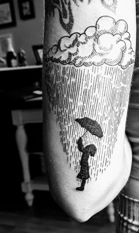 Umbrella Storm Tattoo, Rain Puddle Tattoo, Standing In The Rain Tattoo, Rain Tattoo Sleeve, Black Umbrella Tattoo, When It Rains It Pours Tattoo, Rain Umbrella Tattoo, Rain Clouds Tattoo, Raining Cloud Tattoo