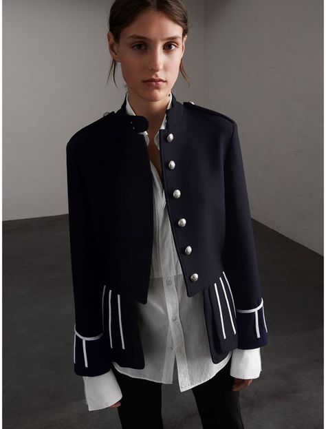 Burberry Cord Detail Wool Military Jacket Military Jacket Outfit, Military Jacket Outfits, Cropped Military Jacket, Military Jacket Women, Military Blazer, Military Inspired Jacket, Burberry Sweater, Stand Collar Jackets, British Outfits