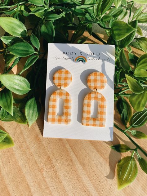 Gingham Clay Earrings, Gingham Polymer Clay Earrings, Gingham Polymer Clay, Gingham Earrings, Clay Cow, Cow Earrings, Earring Inspo, Yellow Gingham, Handmade Clay Jewelry