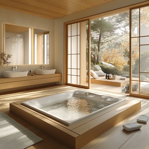 Indulge in the simplicity and tranquility of a minimalist Japanese bathroom. With natural materials and a soaking tub, this design offers a spa-like retreat in your own home. #JapaneseBathroom #MinimalistDesign #SpaLiving #ZenHome Japanese Zen House Design, Japanese Home Bathroom, Onsen Aesthetic, Japanese Toilet Design, Asian Style Bathroom, Bathroom Inspo Modern, Japanese Zen House, Bathtub Japanese, Korean Bathroom