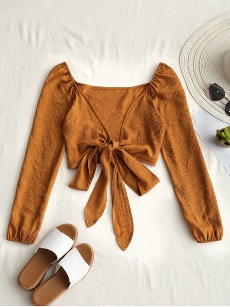 Spring Crop Tops, Female Shirt, Long Sleeve Blouses, Spandex Shirts, Diy Vetement, Cropped Blouse, Plunging Neck, Crop Blouse, Solid Tops