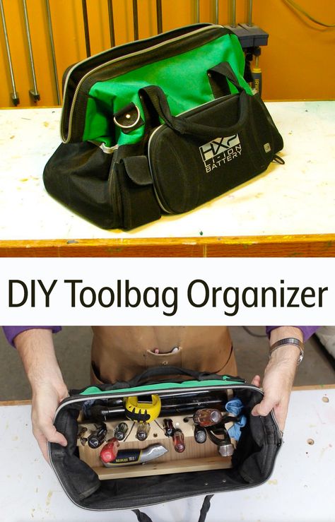 Build a (wooden) organizer that fits inside a tool bag to turn it into a much better organized tool tote. Tool Bag Organization Ideas, Tool Bag Diy, Best Tool Bag, Workshop Building, Tool Bag Organization, Diy Carport, Building Things, Wooden Tool Boxes, Tool Tote