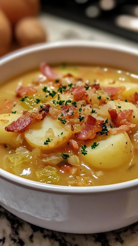 Irish Bacon Cabbage and Potato Soup Cabbage And Potato Soup, Irish Soup, Bacon Cabbage, Cabbage Potato Soup, Irish Potato Soup, Irish Bacon, Holiday Soups, Potato Bacon Soup, Cabbage And Potatoes