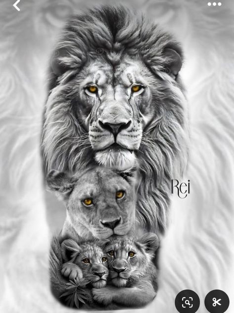 Lion Back Tattoo Design, Lion Family Tattoo, Family Tattoo Design, Lioness And Cub Tattoo, Family Sleeve Tattoo, Lion Cub Tattoo, Lion And Lioness Tattoo, Lion Chest Tattoo, Lion Forearm Tattoos