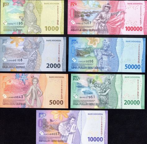 1000, 2000, 5000, 10000, 20000, 50000 and 100000 Rupiah. P-NEW. Set of 7 different denomination notes! Beautiful and colorful!!! Sanrio Hotel, Foreign Currency, Ga Ada, Currency Note, Money Notes, Play Money, Paper Money, Bank Notes, New Set