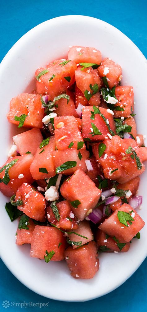 Watermelon Salad with Feta and Mint ~ Watermelon salad with feta cheese, lime, mint, and parsley. So refreshing! Perfect for a #FourthOfJuly potluck! ~ SimplyRecipes.com Watermelon Salad With Feta Cheese, Salad With Feta Cheese, Isabel Eats, Feta Cheese Salad, Salad With Feta, Watermelon Feta Salad, Watermelon And Feta, Mint Recipes, Toasted Pumpkin Seeds