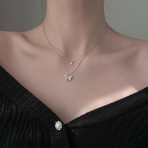 Butterfly Necklace Silver, Color Butterfly, Double Layer Necklace, Multi Layer Necklace, Butterfly Pendant Necklace, Silver Choker, Crystal Choker, Trendy Necklaces, Butterfly Necklace