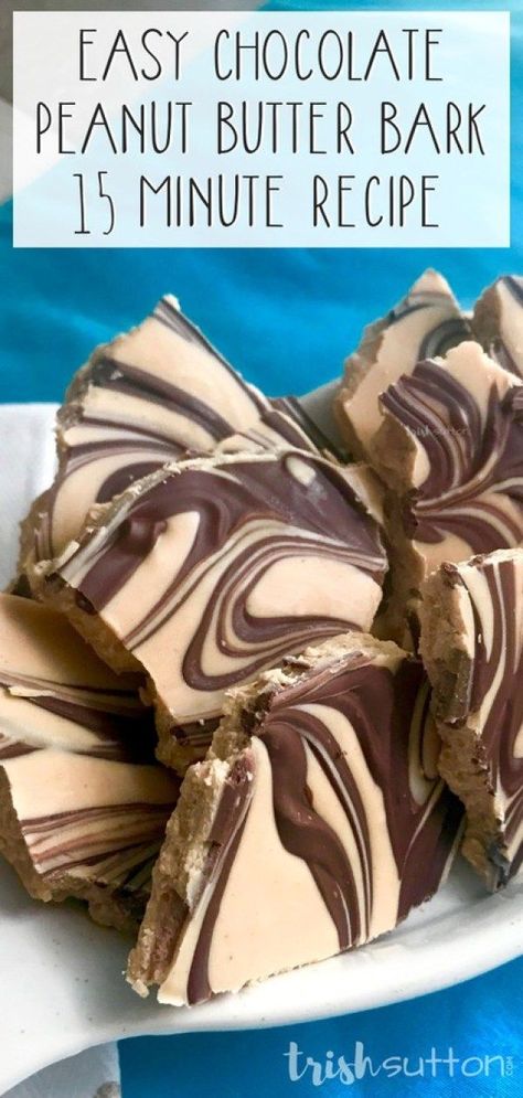 Make a crowd pleasing treat in just minutes with this incredibly easy Chocolate Peanut Butter Bark Recipe. TrishSutton.com Cake Recipes Easy Chocolate, Peanut Butter Bark Recipes, Candy Bark Recipes, Peanut Butter Bark, Bark Candy, Cake Recipes Easy, Chocolate Cake Recipe Easy, Candy Bark, Christmas Candy Recipes