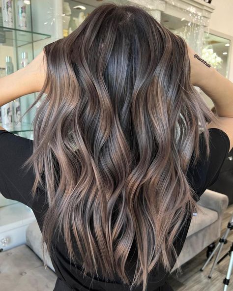 Mushroom Brown Balayage Hair Color Scheme Mushroom Brown Hair Color, Ash Brown Hair Balayage, Mushroom Brown Hair, Ash Brown Hair Color, Brown Hair Color Ideas, Mushroom Hair, Mushroom Brown, Dark Brunette Hair, Ash Brown Hair