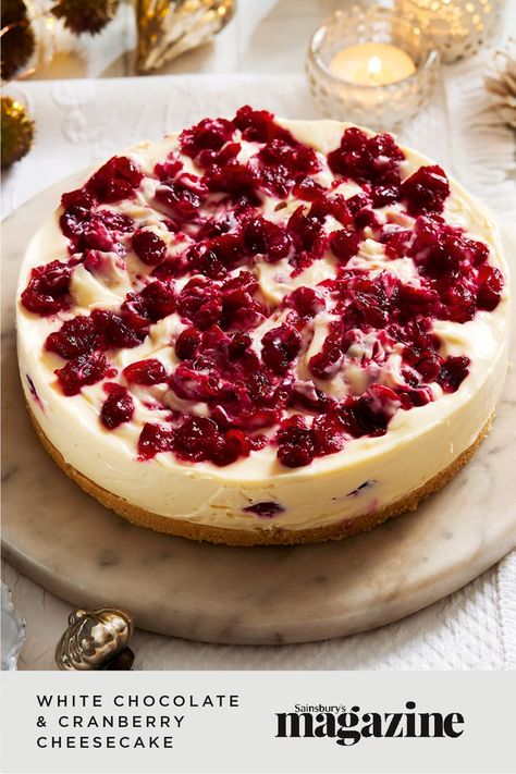 This rich and creamy no-bake cheesecake has plenty of cranberries dotted throughout for pops of tartness. Flavoured with amaretto and white chocolate, this easy Christmas dessert recipe is a delicious way to end a festive meal with loved ones. Get the Sainsbury's magazine recipe White Chocolate Cranberry Cheesecake, Cranberry White Chocolate Cheesecake, Cheesecake White Chocolate, Amaretto Cheesecake, Claire Ptak, High Tea Menu, White Chocolate Cherry, Cherry Cheesecake Recipe, Cranberry Cheesecake