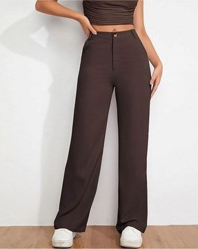 Check out FASHION BOOMS Women Flat-Front Straight Fit Trousers on AJIO! Brown Trousers Outfit, Brown Pants Outfit, Mocha Dress, Trouser Outfit, Brown Trousers, Casual Day Outfits, Mini Robes, Brown Pants, Women Pants