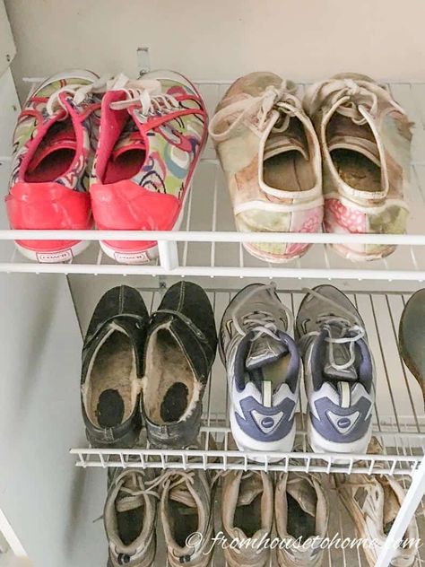 What a great idea to repurpose wire shelves! This shoe rack is so easy to put together and will definitely get your closet organized. Click through to find more wire shelving hacks. #fromhousetohome #storageideas #organization #storage #hacks #shelving #storageideas Condo Storage, Shelving Hacks, Make A Shoe Rack, Wire Closet Organizers, Ocd Organization, Diy Shoe Rack, Wire Shelves, Garage Tool Storage, Simple Closet