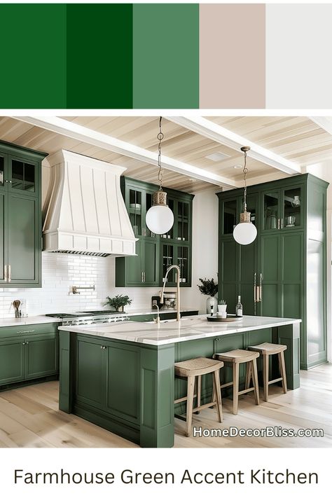 Farmhouse Kitchen: Green Cabinetry and Wooden Accents Forest Green Countertops Kitchen, Green Island White Countertop, Green And White Kitchens, White Countertops And Backsplash, Kitchen Cabinet Top White Bottom Green, Green Kitchen Cabinets White Countertops, Dark Green Kitchen Wood Counter, Forest Green Kitchen Wood Counter, Farmhouse Kitchen Green