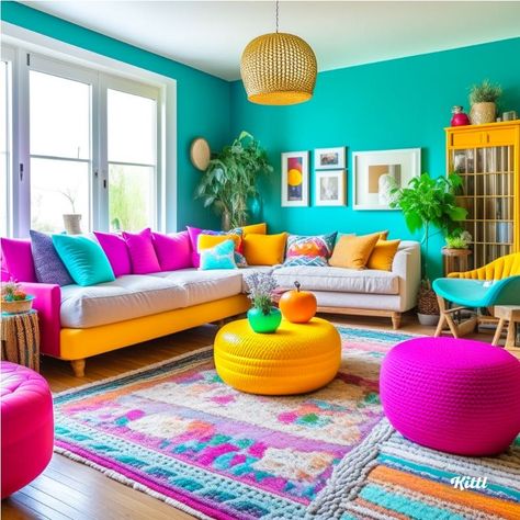 Bright Colour Room Ideas, Brightly Coloured Living Room, Vibrant Studio Apartment, Iridescent Living Room Decor, Bright Living Room Colors, Colourful Living Room Ideas, Bright Living Room Ideas, Rainbow Living Room, Colorful Furniture Living Room