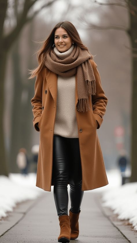 Woman in layered camel coat winter outfit Black And Caramel Outfit, Casual Wool Coat Outfit, Camel Winter Coat Outfit, Camel Coat Winter Outfit, Cashmere Wrap Outfit, Caramel Coat Outfit, Camel Wool Coat Outfit, Long Camel Coat Outfits, Camel Coat Outfit Winter Style