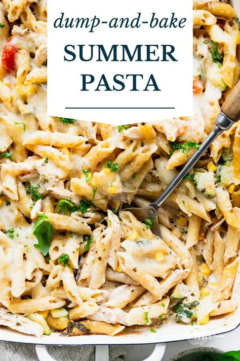 This dump-and-bake summer pasta is loaded with all of the season's best produce -- zucchini, corn, tomatoes, and fresh basil, as well as tender chicken, pesto, and cheese. You don't even have to boil the noodles for this fresh, flavorful, and easy dinner! Easy Summer Casseroles, Summer Casserole Recipes, Summer Casseroles, Fresh Basil Recipes, Easy Pasta Dinner Recipes, Dump And Bake, Family Meal Prep, Zucchini Corn, Produce Recipes