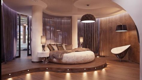 Circle bed used well can turn your bedroom into a luxury hotel Futuristic Bedroom Design, Exotic Bedrooms, Futuristic Bedroom, Bedroom Designs For Couples, Circle Bed, Best Bedroom Designs, Cozy Bedroom Design, Glamourous Bedroom, Round Bed