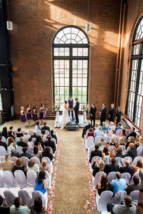 Real Cleveland Wedding at Windows on the River, photo by Lane Baldwin Wedding Window, Beach Bridesmaids, Ohio Wedding Venues, Cheap Wedding Venues, Wedding Arch Flowers, Cleveland Wedding, Huge Windows, Inexpensive Wedding Venues, Planning Inspiration