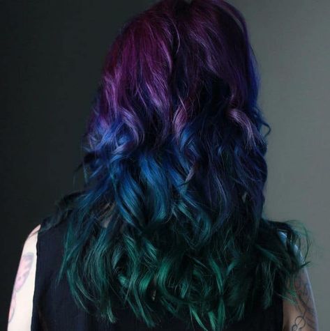 Peacock Color Hair, Peacock Colored Hair, Blue Phoenix Hair, Black Green And Blue Hair, Peacock Hair Color Peekaboo, Dark Mermaid Hair, Peacock Ombre Hair, Purple And Green Hair Ideas, Peacock Hair Color Ombre