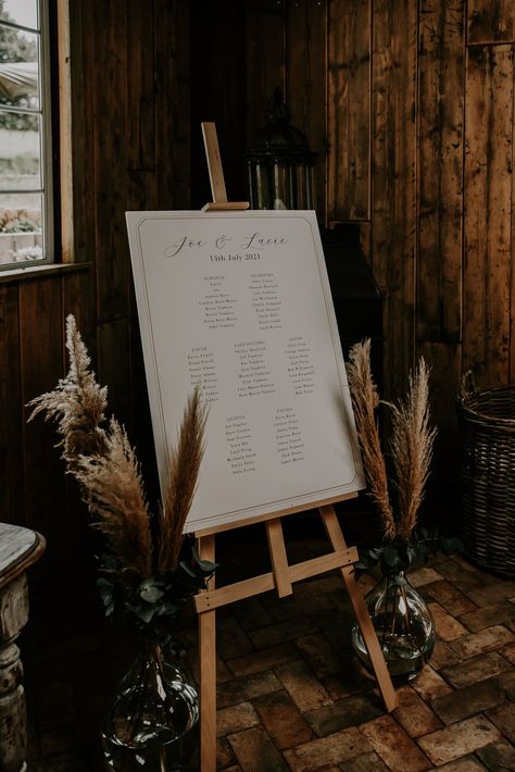 Modern Table Plan on wooden easel with pampas grass. Michelle Cordner Photography Surprise Engagement Party, Babington House, Table Easel, Pampas Grass Decor, Wooden Easel, Wedding Table Plan, Table Plan, Seating Plan, Plan Ideas